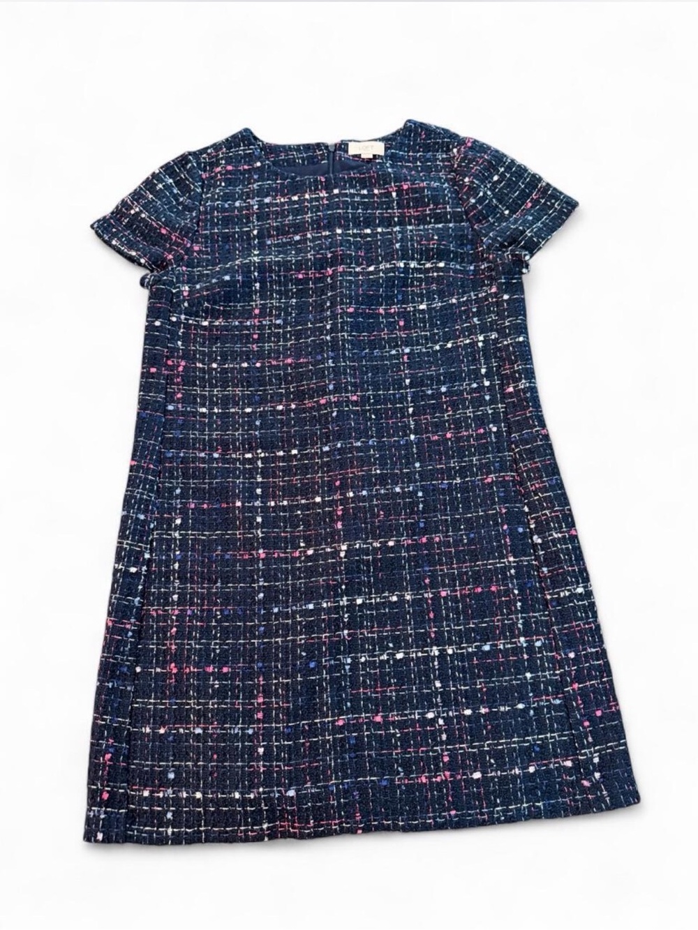 LOFT Navy Tweed Short-Sleeve  Dress with Pink & White Accents